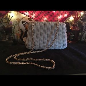 White and gold wicker purse